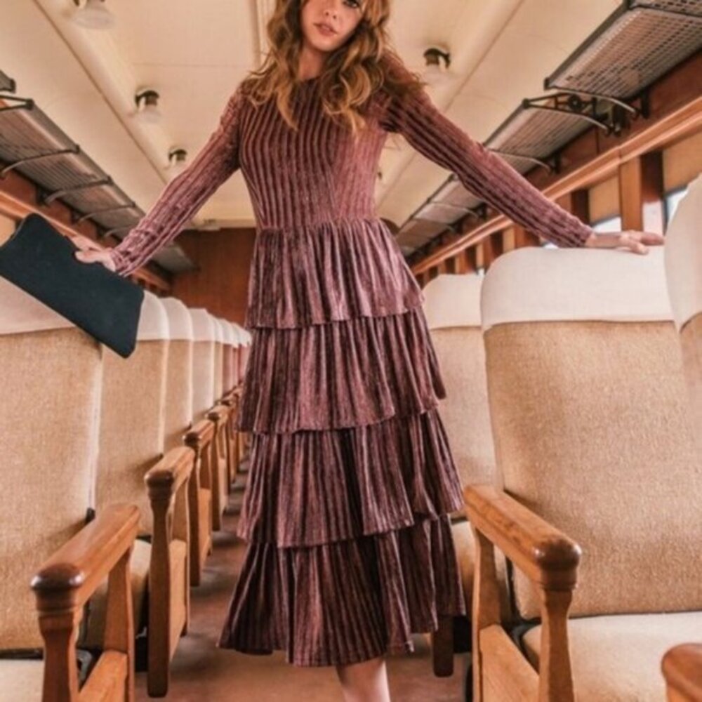 Jessa Kae Eiffel Midi Dress Velvet Tiered Ruffles Whimsigoth Dark Romance Pink